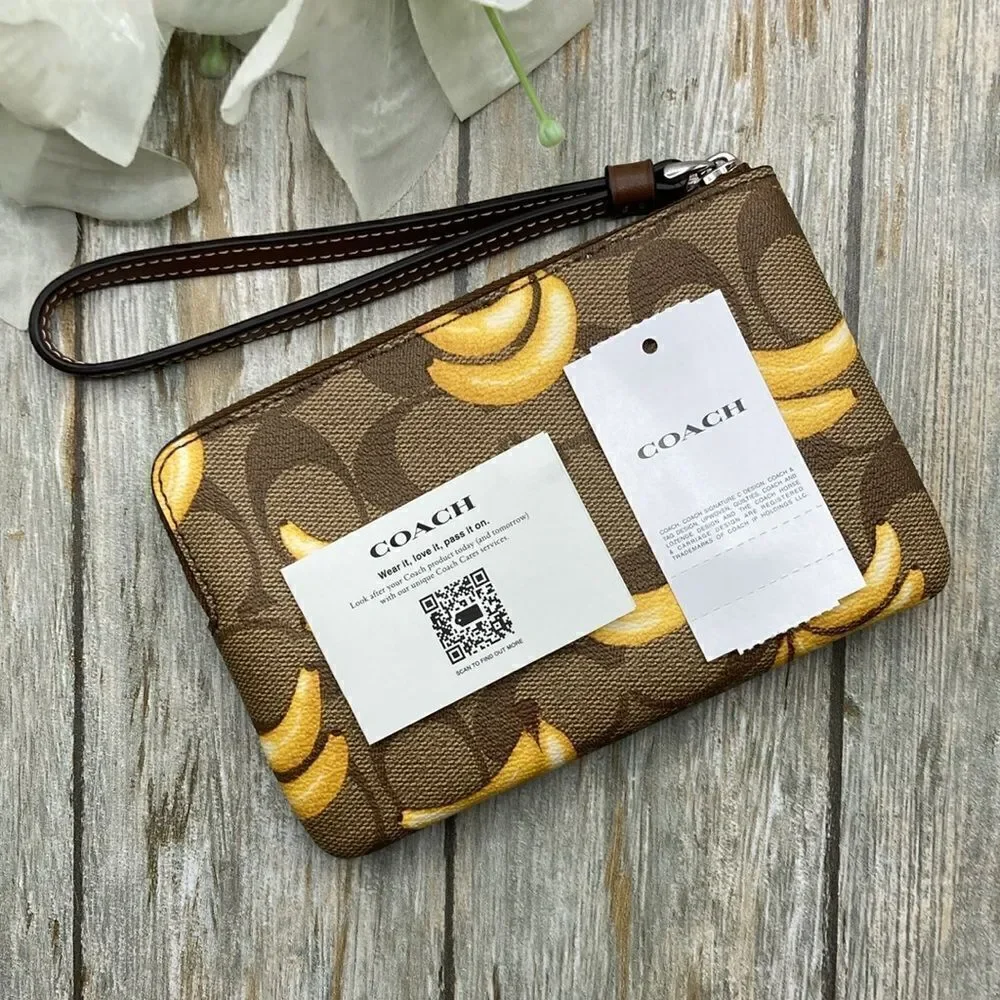 Coach Corner Zip Wristlet With Banana Print Bag Purse Wallet